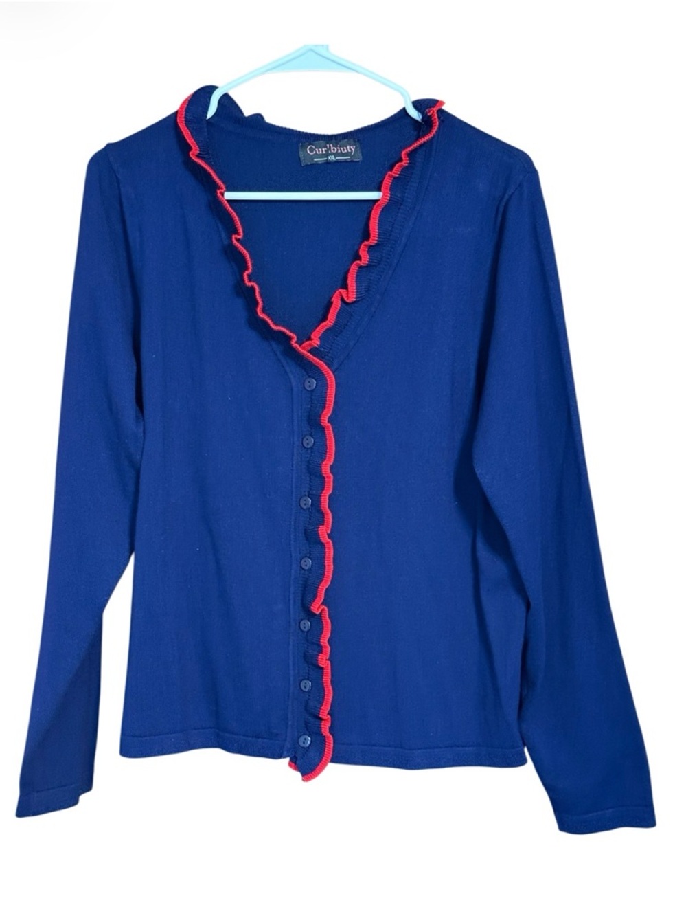 Curlbiuty Navy Blue Red Trim Ruffle Cardigan Button Front XXL